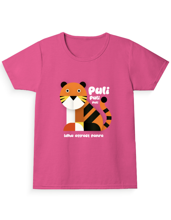 Puli Girl's Crew Neck T-Shirt | Tiger cartoon tshirt